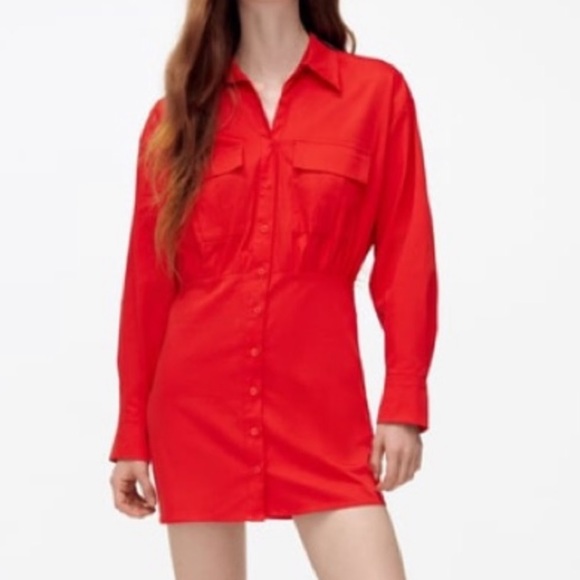 New ZARA POPLIN SHIRT RED DRESS - Picture 4 of 14